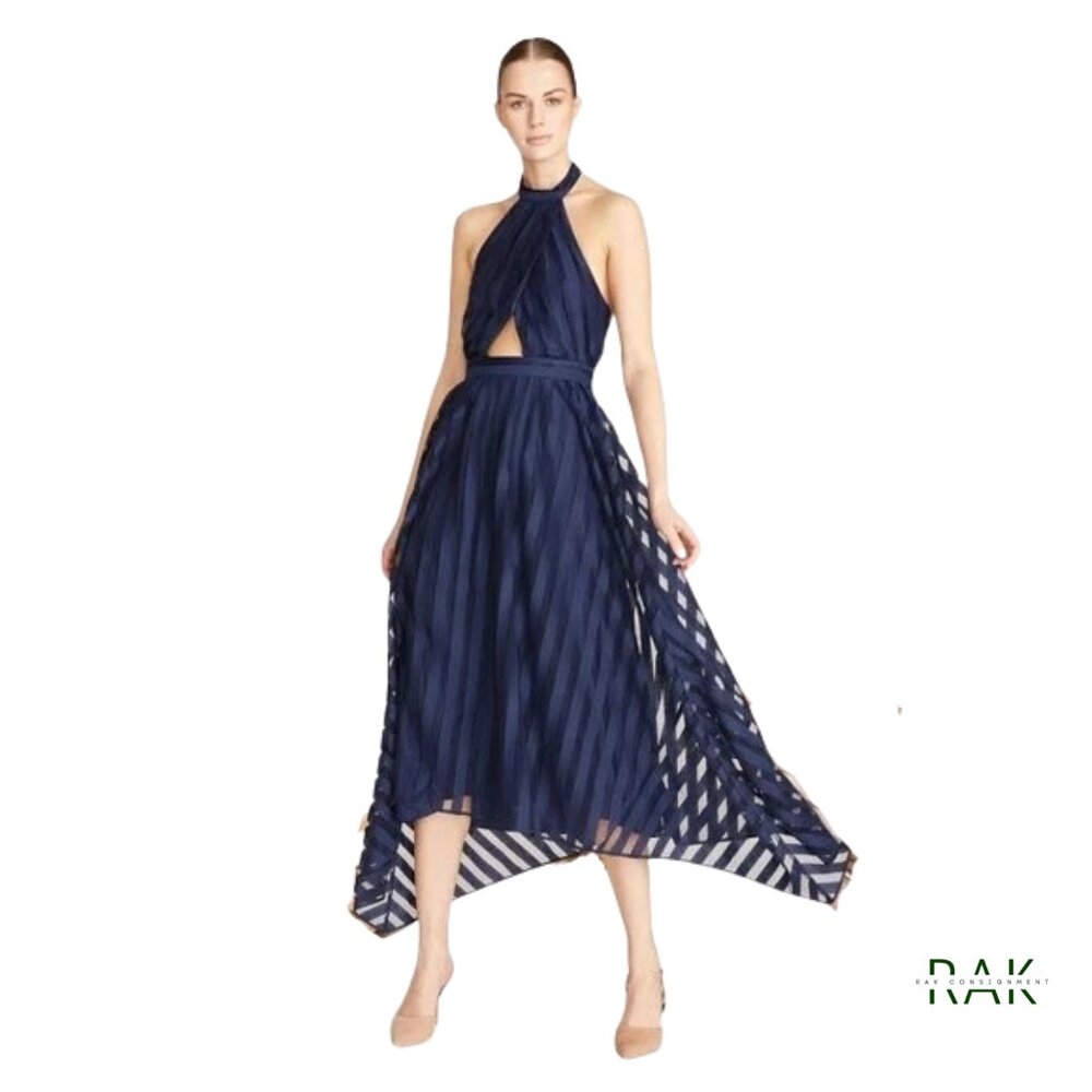 [SOLD] AMUR "Leonie" Twilight Blue Halter Striped Cutout Midi Dress | US 8